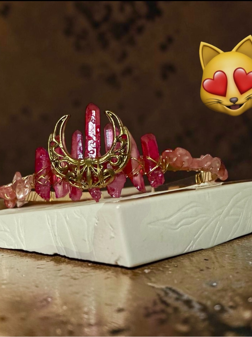 Gold Crescent & Pink Crystal Crown Headpiece Hair accessories Tiara 👑